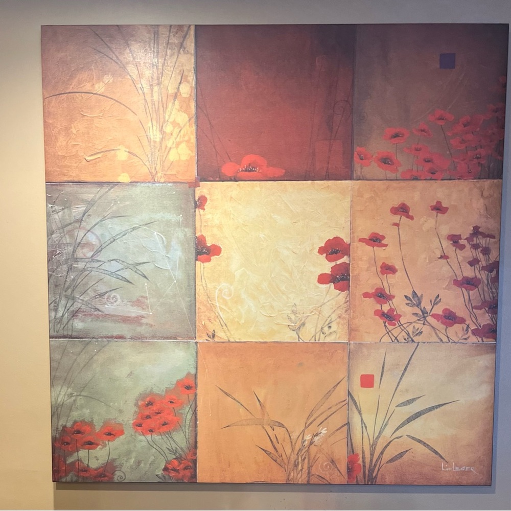 Poppy Nine Patch Canvas Painting by Li-Leger. Measurements are 48”x48”.